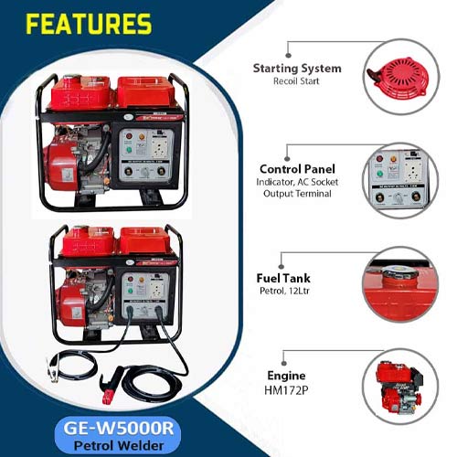  200 Amps Petrol Welding Generator,3 KVA AC Output, Model GE-W5000R, Recoil Start